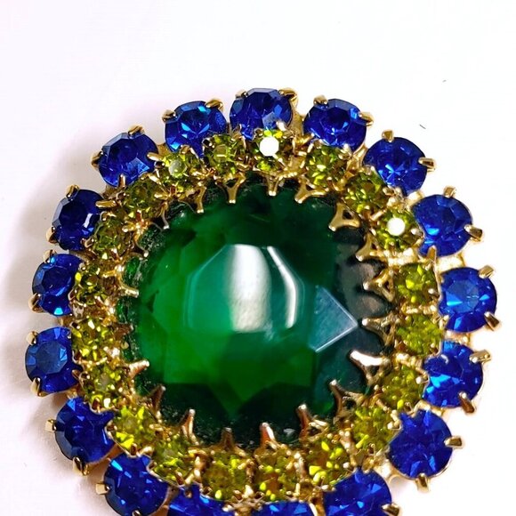 1950's Austria Brooch Rhinestone Glass Blue large Green Faced Stone Brooch - Picture 5 of 9